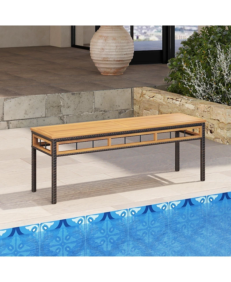 Gymax 2Pcs Wicker Patio Bench/Acacia Wood Seat Removable Padded Cushion for Deck