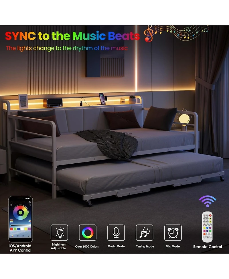 gaomon Twin Daybed with Trundle & Led Light, Metal Frame, Linen Headboard, Usb Charging for Guest Room