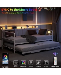 gaomon Twin Daybed with Trundle & Led Light, Metal Frame, Linen Headboard, Usb Charging for Guest Room