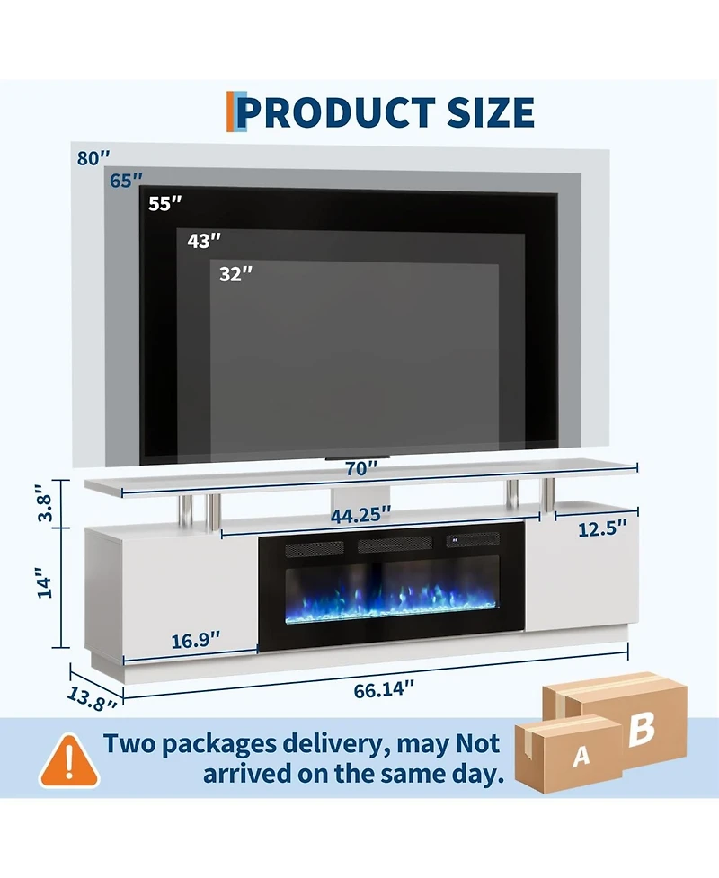 gaomon 70" Fireplace Tv Stand with 36" Electric Fireplace Heater, 12 Flame and 7 Led Color Modes, High-Gloss Entertainment Center with 2-Tie