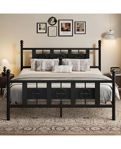 gaomon King Size Bed Frame with Headboard and Footboard, Metal King Bed Frame w/Vintage Circular Design & Storage Space Under Bed, Easy Assembly
