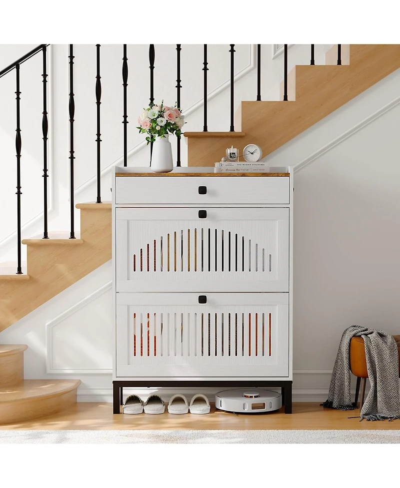 gaomon Shoe Storage Cabinet with 2 Flip Drawers & Top Drawer, Wooden Shoe Organizer with Hollow Panels for Entryway