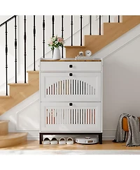 gaomon Shoe Storage Cabinet with 2 Flip Drawers & Top Drawer, Wooden Shoe Organizer with Hollow Panels for Entryway