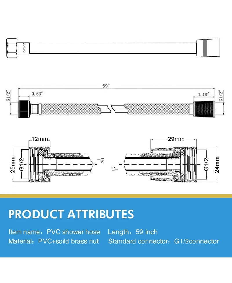 Rainsken 59" Extra Long Pvc Shower Hose