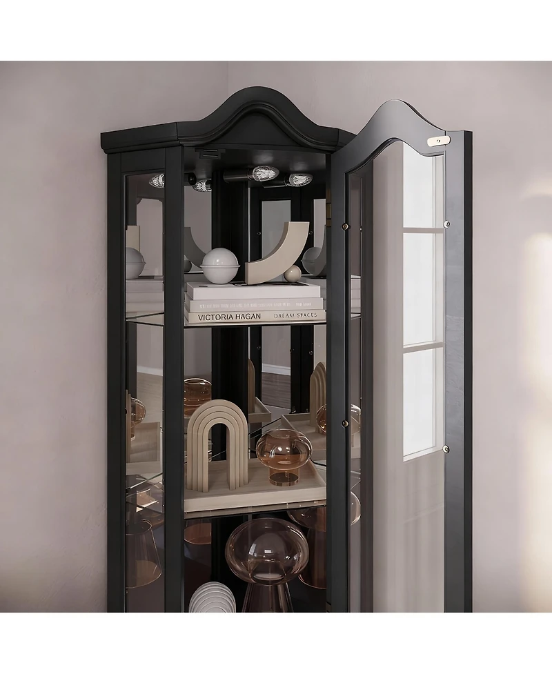 Yigii Antique-Style Corner Curio Cabinet with Adjustable Shelves and Light