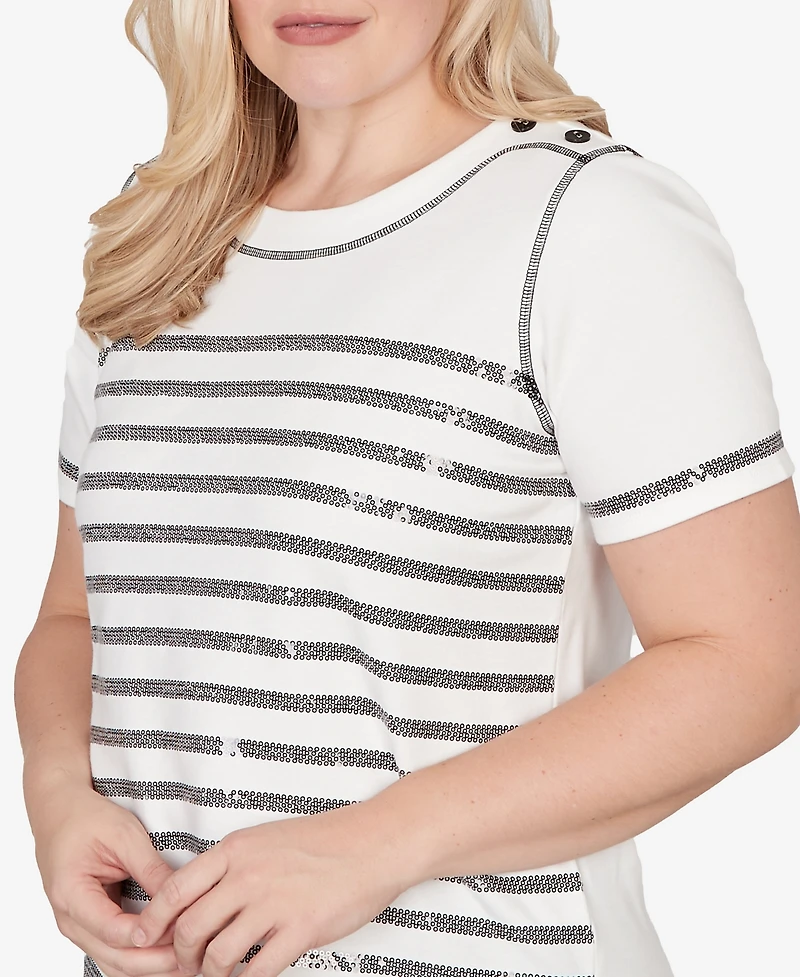 Alfred Dunner Women's Crowd Pleaser Biadere Sequin Stripes Top