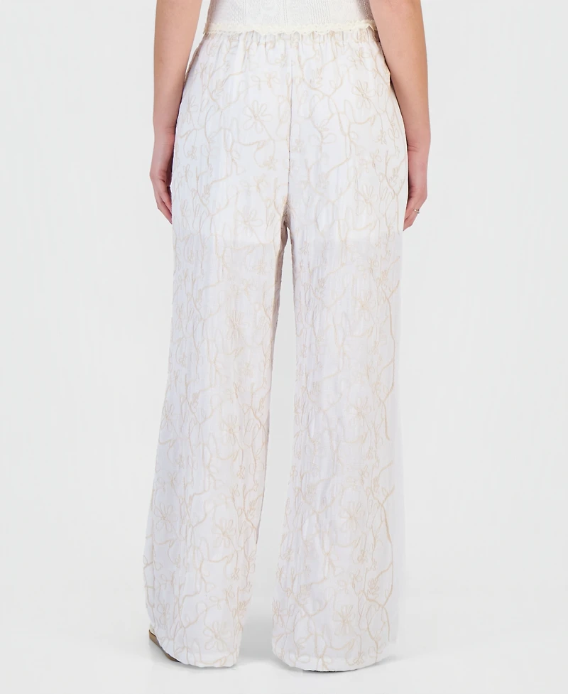 Sincerely Jules Juniors' Floral Embroidered Wide-Leg Drawstring Pants