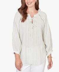 Ruby Rd. Petite Crinkle Stripe Tie Front Peasant Top