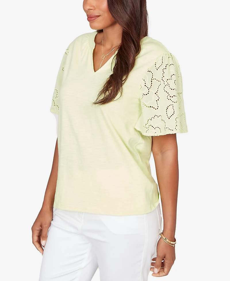 Ruby Rd. Petite Eyelet Sleeve Cotton Jersey Top