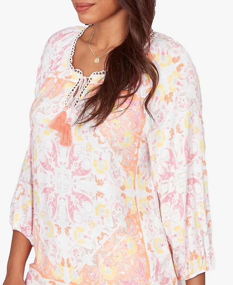 Ruby Rd. Petite Tapestry Print Drawstring Peasant Top