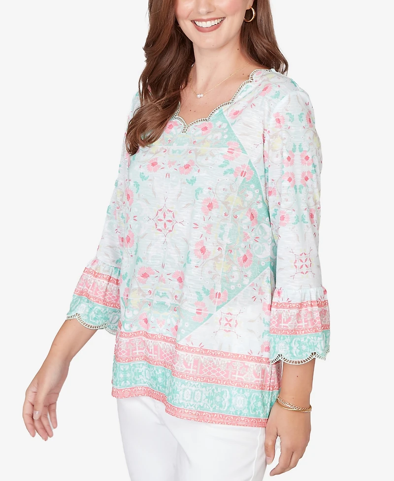 Ruby Rd. Petite Scalloped Neck Tapestry Print Knit Top