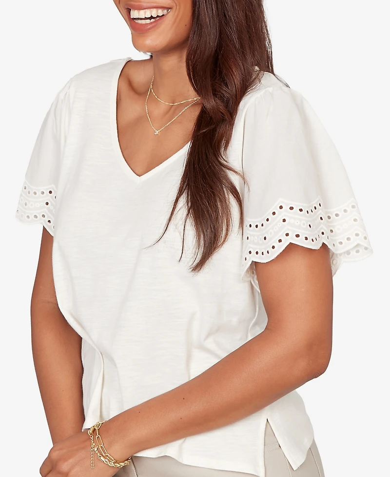 Ruby Rd. Petite Eyelet Poplin Sleeve Slub Knit Top