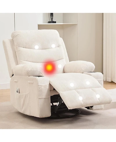 gaomon Nursery Recliner Chair, Oversized Corduroy Manual Glider with 360° Swivel, Rocking, Massage & Heat
