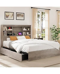 gaomon Queen Size Bed Frame – Wood Construction with Bookcase Headboard, 4 Storage Drawers & Built In Charging Station, Noise Free Design