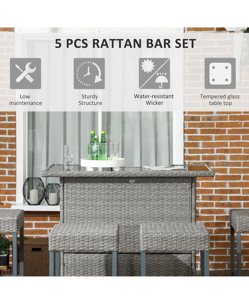Outsunny 5pc Rat Wicker Bar Set, High Top Outdoor Table and Chairs,