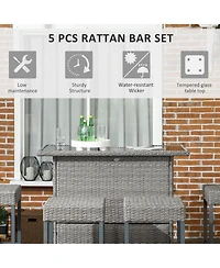 Outsunny 5pc Rat Wicker Bar Set, High Top Outdoor Table and Chairs,