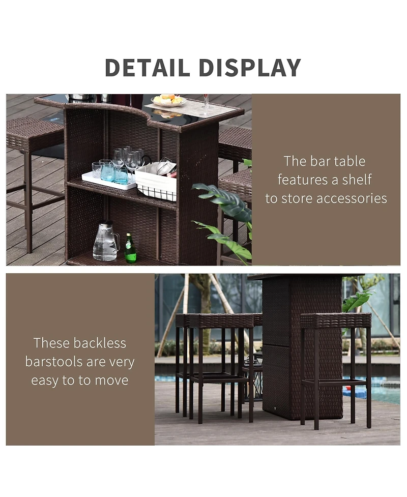 Outsunny 5PC Rat Wicker Bar Set Bistro Patio Backyard Table&2 Stool Garden Furniture