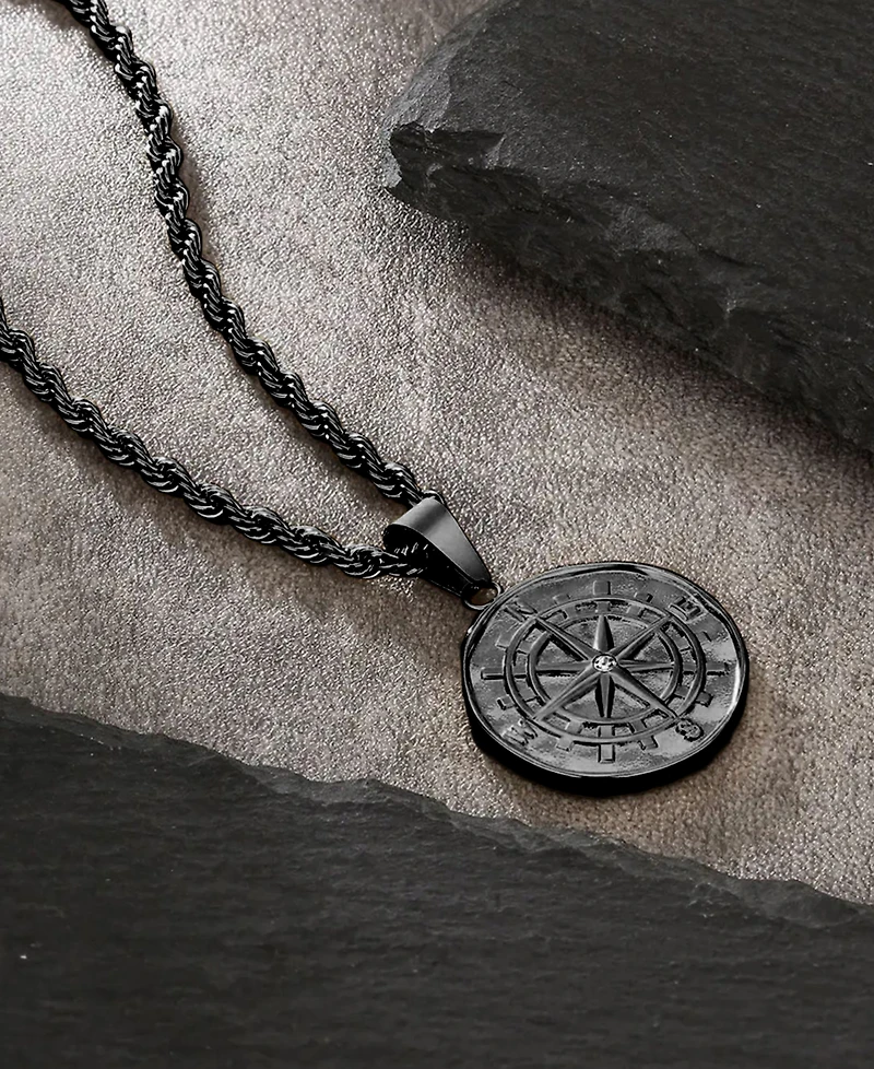 Rhona Sutton Men's Stainless Steel Black Plated Compass Coin Pendant Necklace