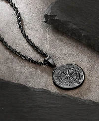 Rhona Sutton Men's Stainless Steel Black Plated Compass Coin Pendant Necklace