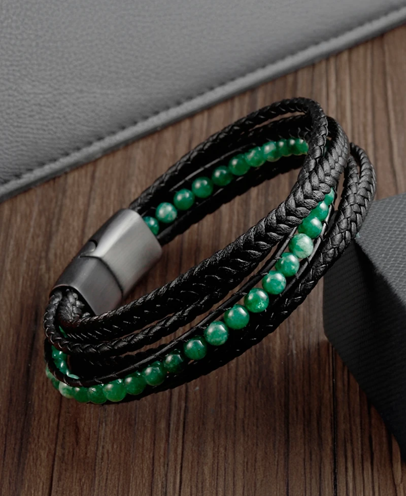 Rhona Sutton Men's Vero Green Leather Bracelet in Stainless Steel