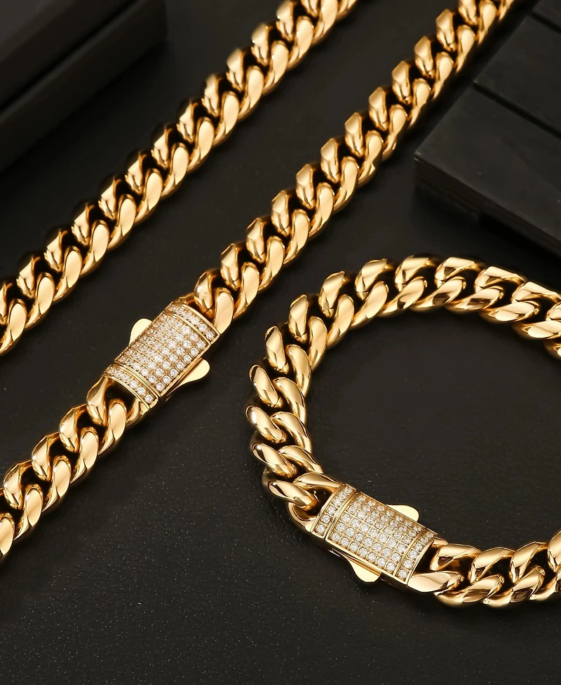 Rhona Sutton Men's Stainless Steel Cuban Iced Chain Necklace in 18k Gold Plated