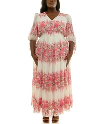 Taylor Plus Floral-Print Chiffon A-Line Midi Dress