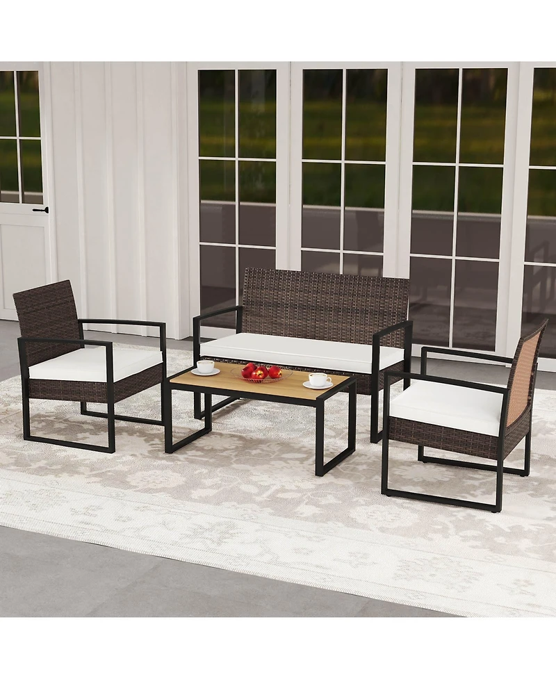 Gymax Pieces Patio Furniture Set Pe Rattan Porch Chairs w/ Loveseat & Coffee Table