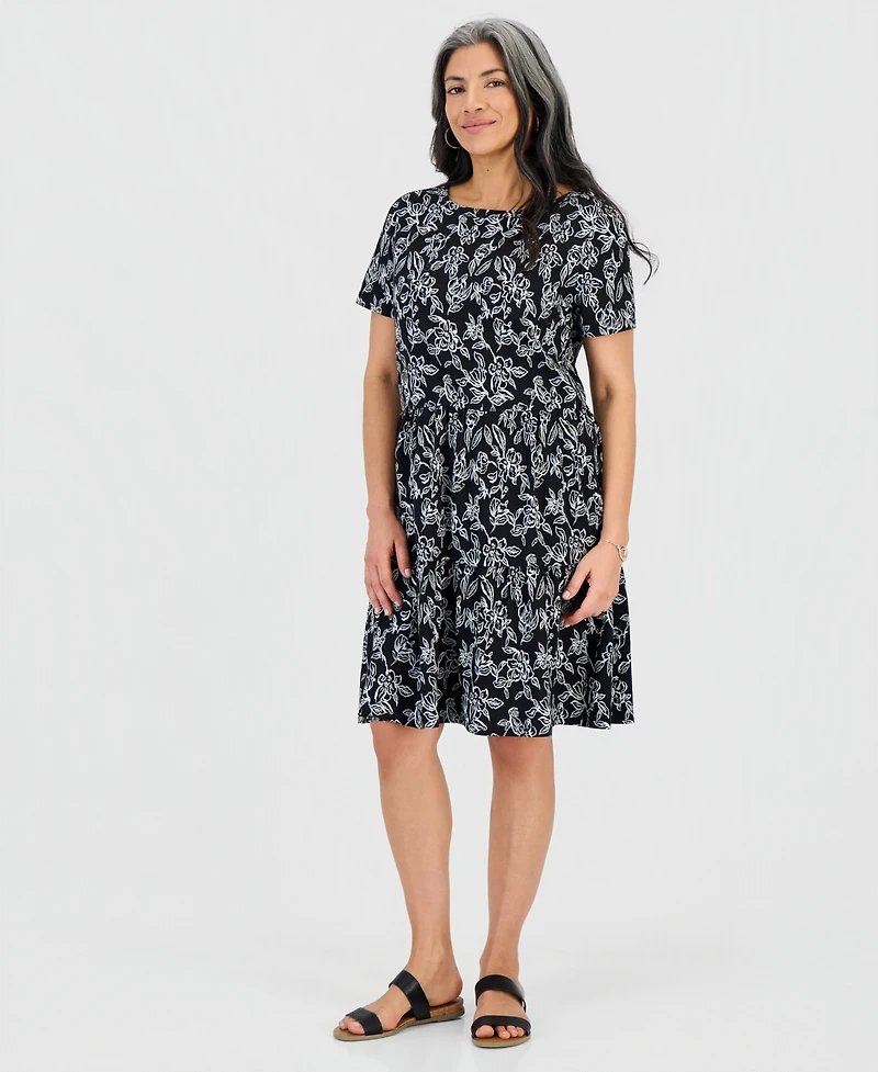 Style & Co Petite Printed Short-Sleeve Tiered Knit Dress, Macy's Exclusive