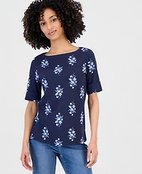 Style & Co Petite Floral Knit Elbow-Sleeve Top, Macy's Exclusive
