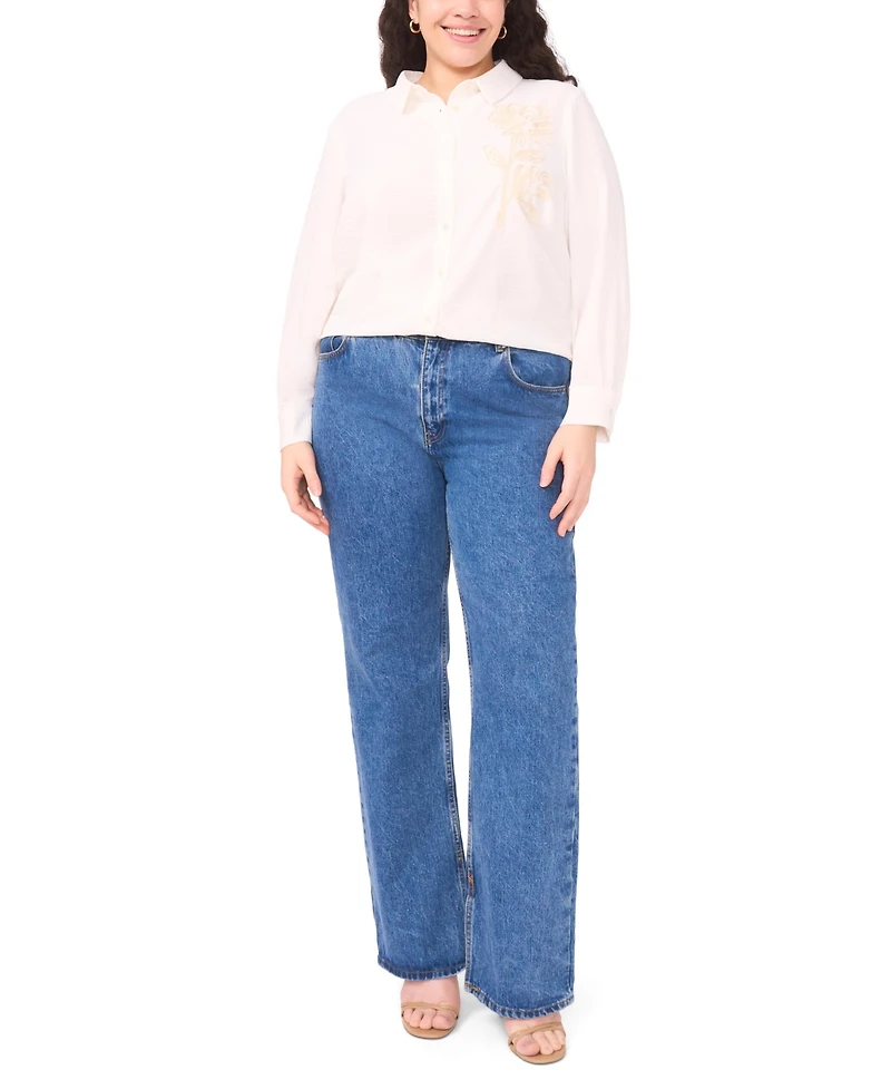 Vince Camuto Plus Button-Down Flower Applique Blouse