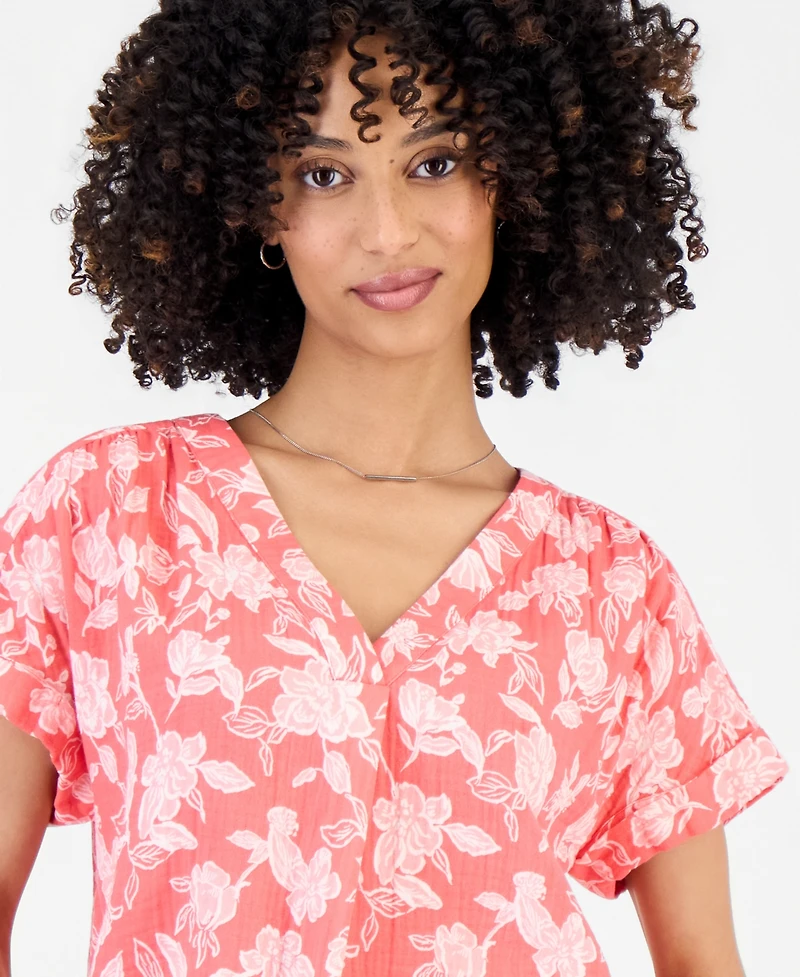 Style & Co Petite Cotton Gauze V-Neck Short-Sleeve Top, Exclusively at Macy's