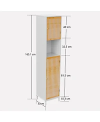 Rainsken Bathroom Tall Storage Cabinet, Freestanding Organizer with Bamboo Slat Doors, Adjustable Shelves, Modern Narrow Floor Cabinet for Bathroom
