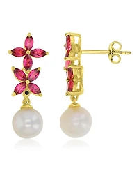 Macy's Garnet & Imitation Pearl Flower Earrings in 14k Yellow Gold Over Sterling Silver
