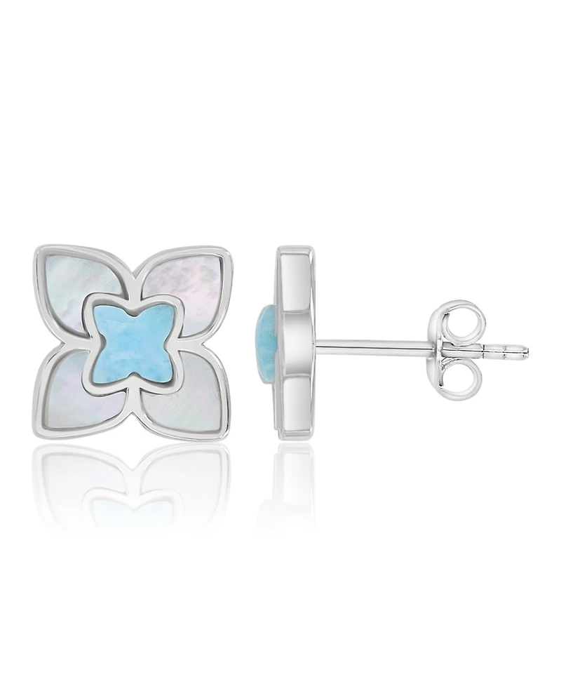 Macy's Larimar and Imitation Pearl Flower Stud Earrings in Rhodium Over Sterling Silver