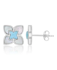 Macy's Larimar and Imitation Pearl Flower Stud Earrings in Rhodium Over Sterling Silver