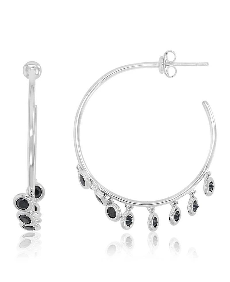 Macy's Onyx Circle Dangling Tube Hoop Earrings in Rhodium Over Sterling Silver
