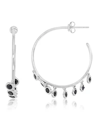 Macy's Onyx Circle Dangling Tube Hoop Earrings in Rhodium Over Sterling Silver