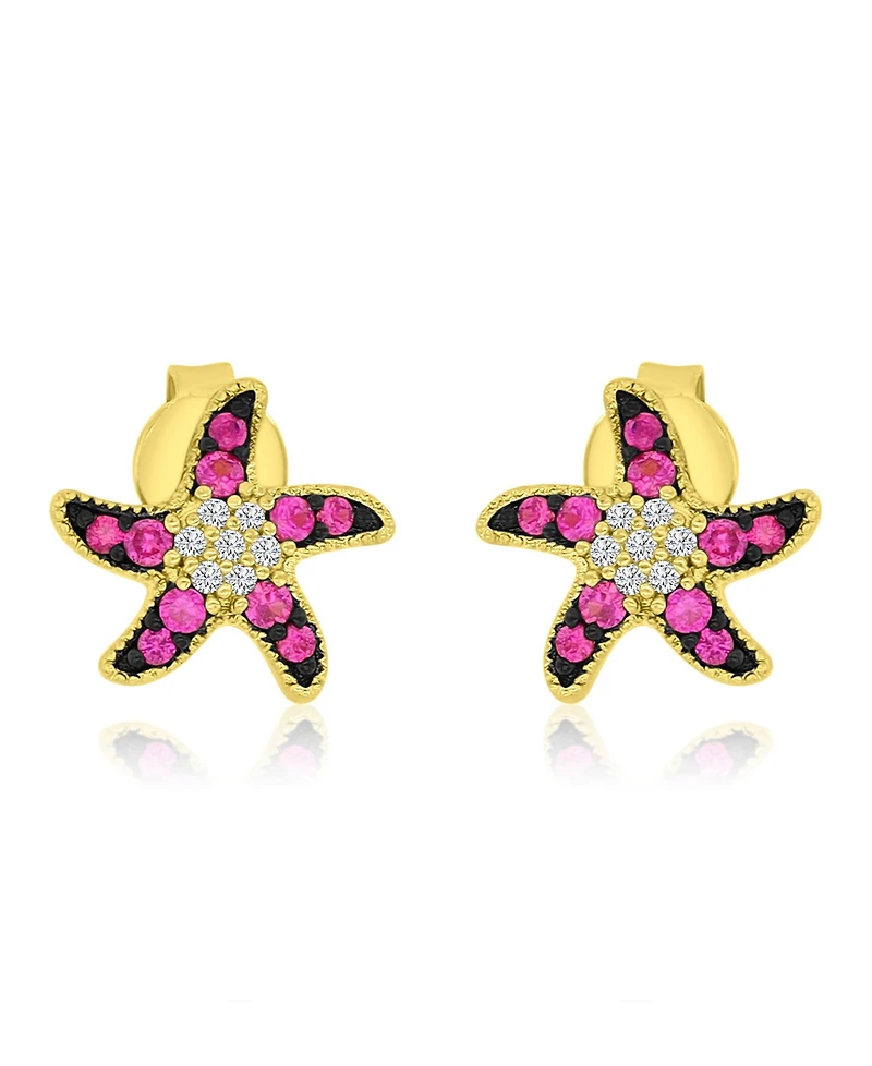 Macy's Created White Sapphire and Ruby Stud Earrings in 14k Yellow Gold Over Sterling Silver