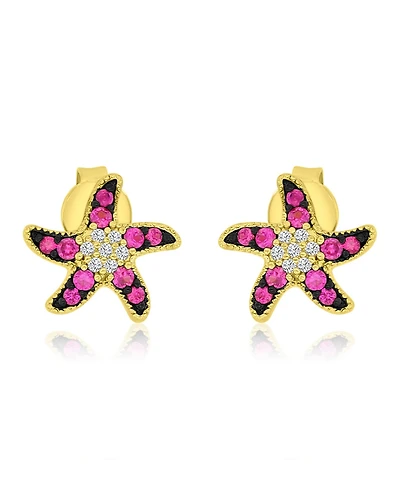 Macy's Created White Sapphire and Ruby Stud Earrings in 14k Yellow Gold Over Sterling Silver