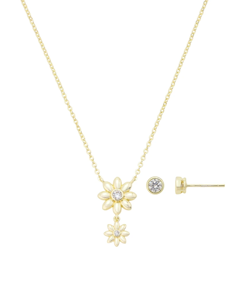 Unwritten Cubic Zirconia Double Flower Drop Pendant Necklace with Earring Set