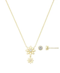 Unwritten Cubic Zirconia Double Flower Drop Pendant Necklace with Earring Set