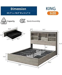 Gaomon King Bed Frame with Bookcase Headboard, 4 Storage Drawers, Built-in Charging Station, No Box Spring Needed