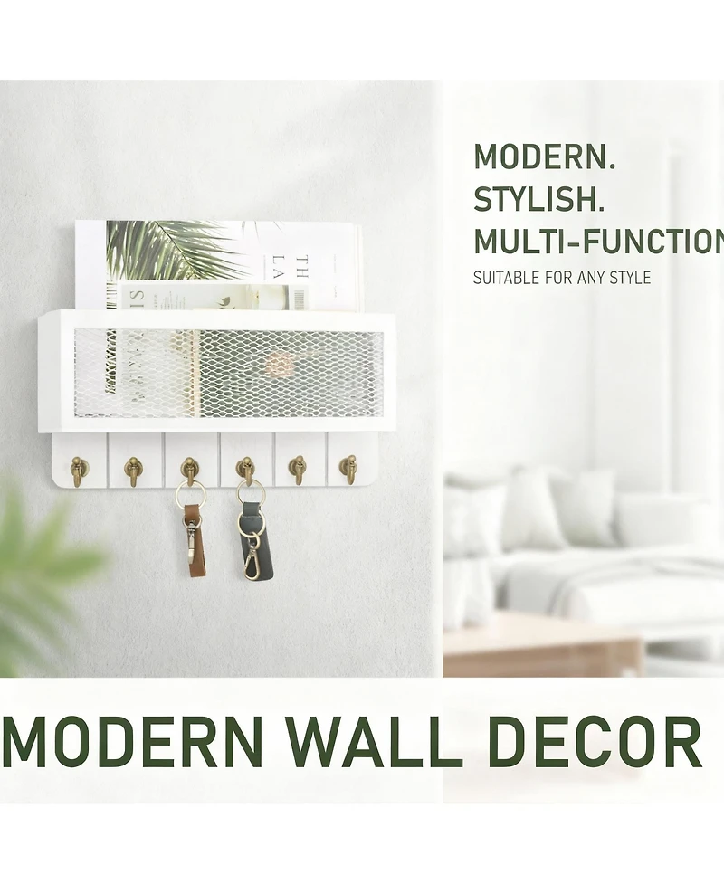 Yigii Rustic Key & Mail Holder with 6 Hooks - Sturdy Wood Steel, Space-Saving, Easy Install