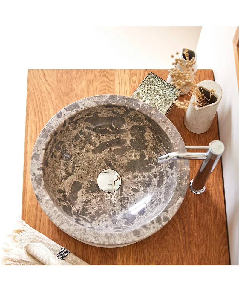Tikamoon Rustic Genuine Marble Washbasin Sink Basin Circular Bowl Grey Standard Bathroom