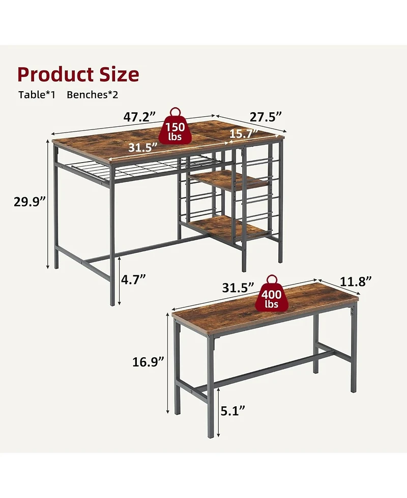 gaomon 4-Piece Dining Table Set with 2 Benches, Wine Rack & Storage Shelf, Kitchen Dining Room Table for Small Spaces