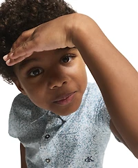 Calvin Klein Boys' 2T-7 Printed Poplin Button-Front Shirt and Twill Shorts, 2-Piece Set