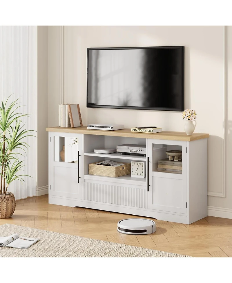 gaomon 72" Farmhouse Tv Stand with Wave Pattern Entertainment Center Media Console, 2 Glass-Door Cabinets & Open Storage for Living