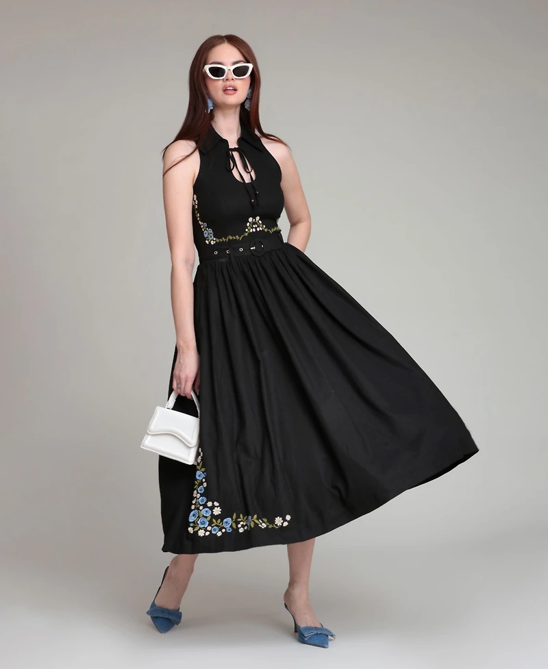 Avec Les Filles Women's Tie Neck Collared Midi Dress