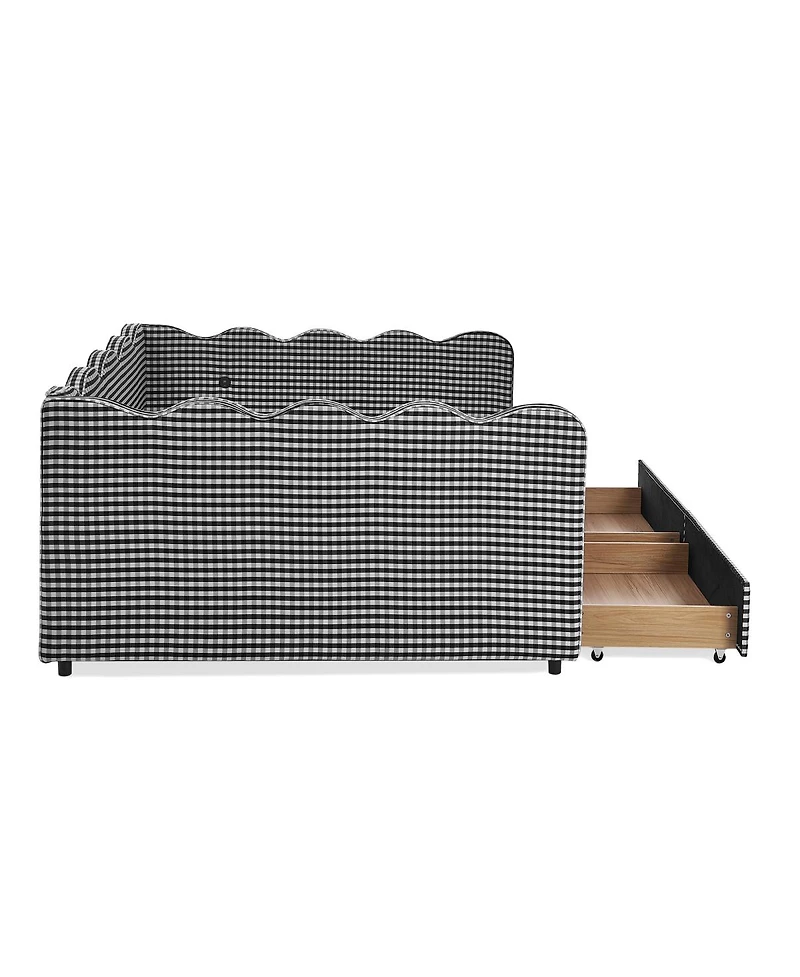 Streamdale Furniture 2 Drawers, Usb Port & Wave Shape Gingham Daybed, Queen Size