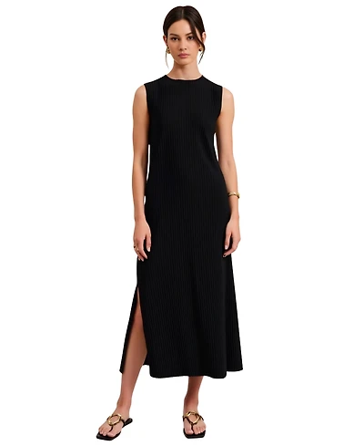 Modenaire Women's Sleeveless Ribbed Knit Crewneck Side Slit Midi Dress